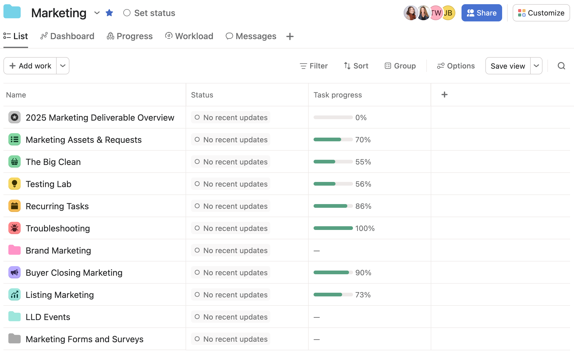 Overarching Marketing Projects table